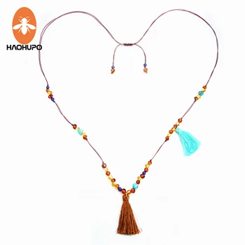 

HAOHUPO Long Amber Necklace for Women Tassel Jewelry Bohemian Fashion Female Necklace Beach Jewelry with Natural Turquoise