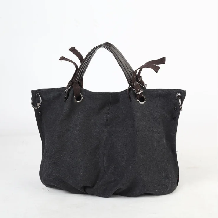 Высококачественная холщовая женская сумка, Повседневная вместительная сумка-хобо,, женская сумка-тоут Bolsas трапециевидной формы с рюшами, одноцветная сумка на плечо - Цвет: Черный