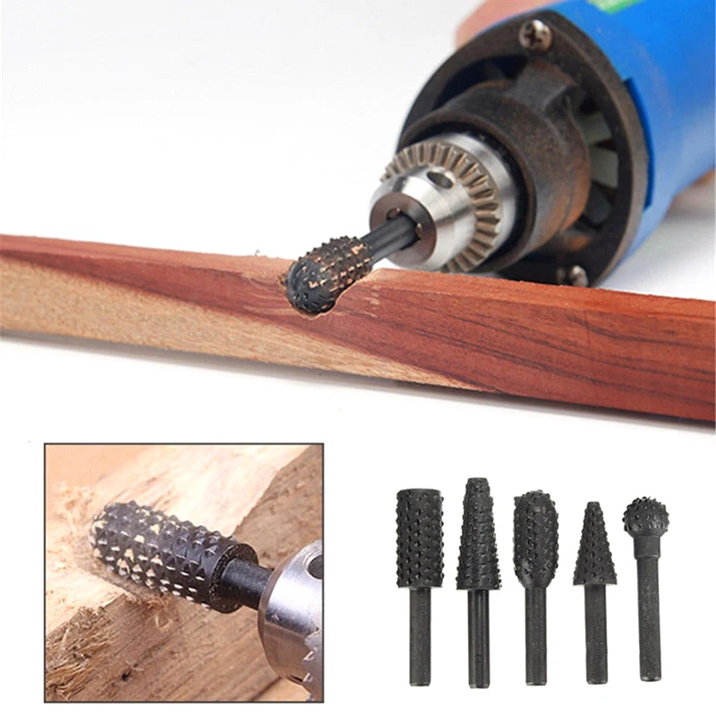 5pcs Woodworking Rotary Burr Set Wood Carving File Rasp Drill Bit 1/4