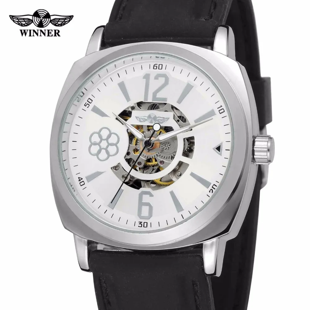 

WINNER Fashion Unisex Men Skeleton Auto Mechanical Watch Leather Band Arabic Number Flower Pattern Dial Unique Design Wristwatch