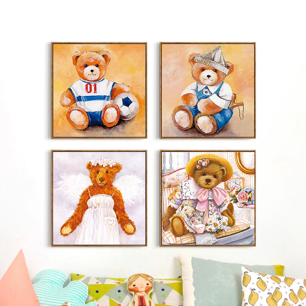 Kartun Lucu Boneka Beruang Kanvas Cetak Poster Bar Dekorasi Poster