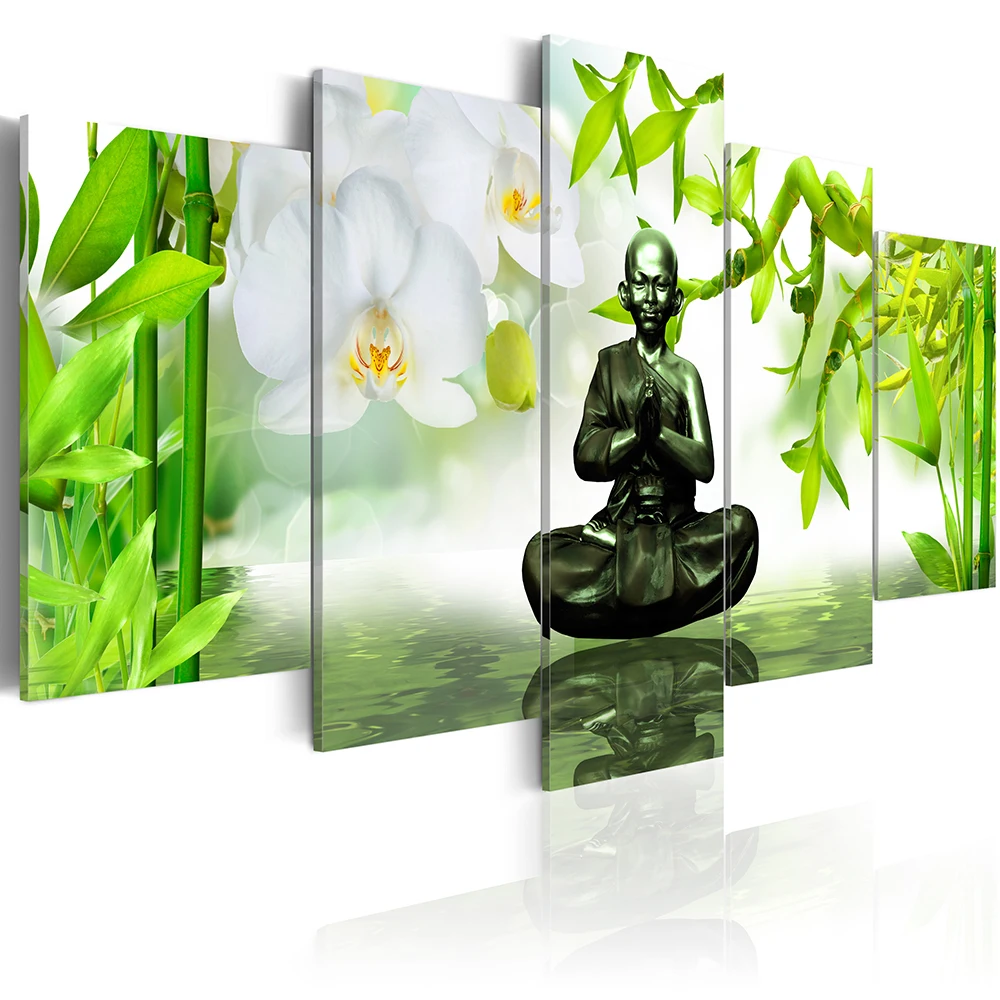 5 панель Будда украшение на стену, живопись маслом спа камень бамбук, Орхидея украшение дома печать на холсте картины для гостиной(без рамки