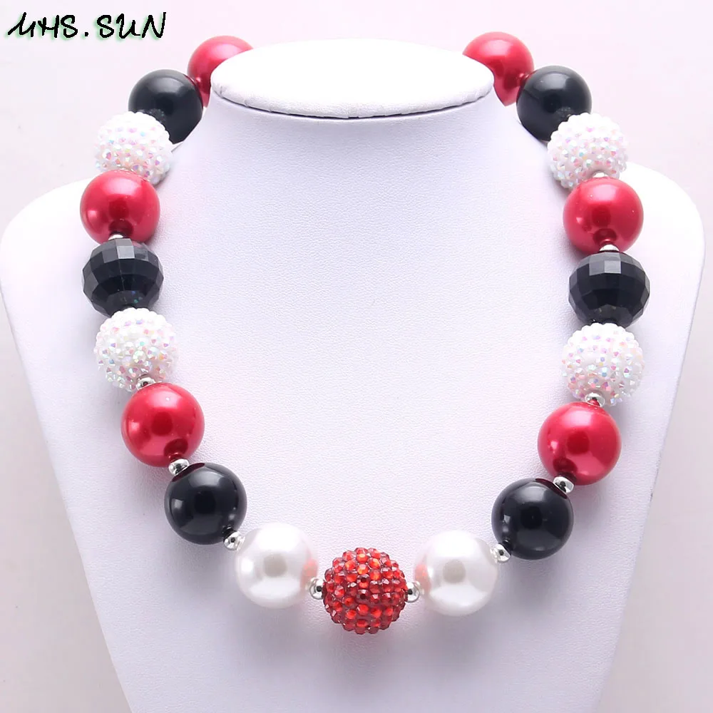 BN585-1 (3),$5.85-1PC.Chunky Black+White+Red Strand Beads Necklace Kids Baby Girls Bubblegum Beaded Jewelry Necklace For Children Best GiftJPG
