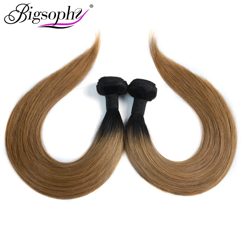 Bigsophy Hair Straight Peruvian Hair Weave Bundles 3pcs Human Hair Extensions Ombre Color 2 Tone 1B/27 Top Remy Hair