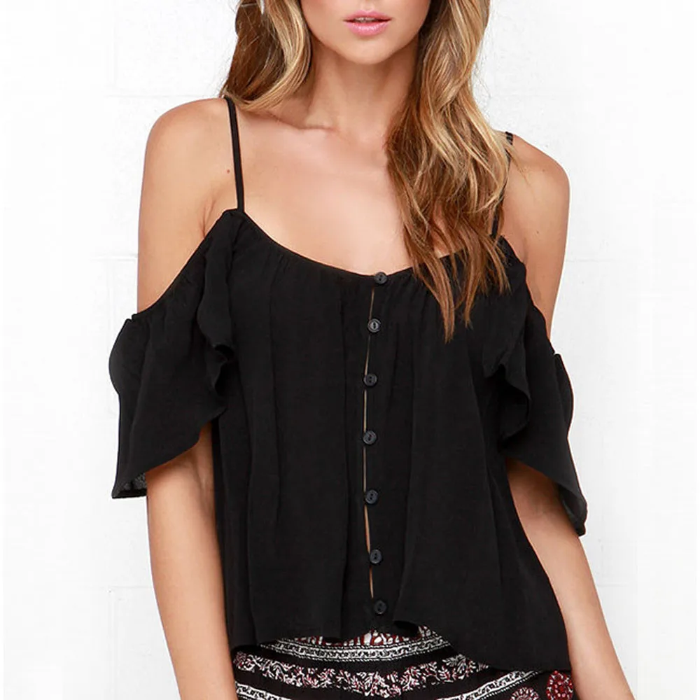 Printed harness T shirt Women Off Shoulder Chiffon Shirt Ruffles Back Split Spaghetti Strap T