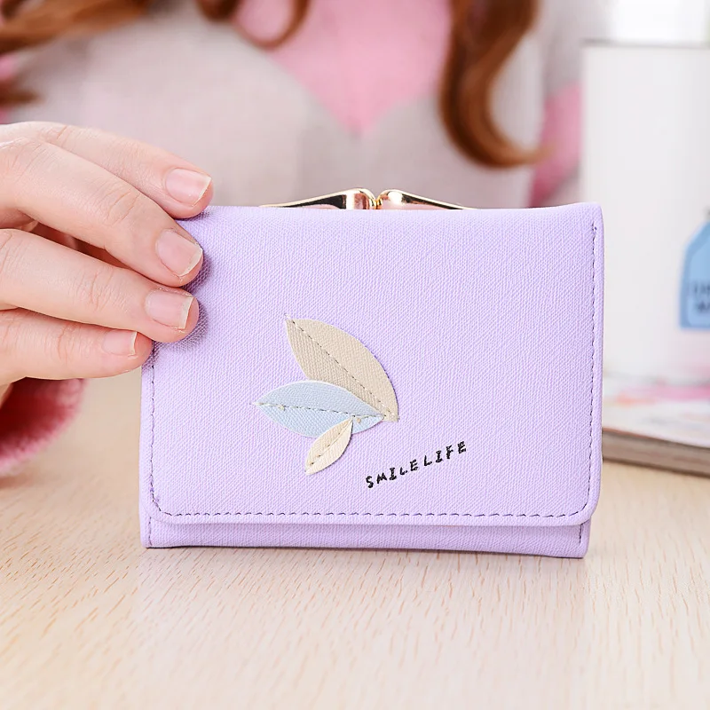 

DUDINI Fashion Zipper Hasp Small Wallet PU Leather Solid Color Casual Women Wallets Leaves Pattern Multi-Card Bits Wallet