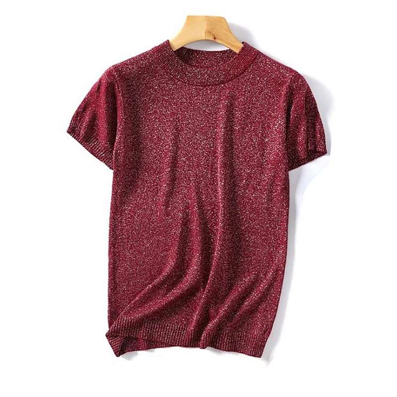 

2019 Sexy Women T shirt bright Silk Knitted O-Neck Tshirt Slim Short sleeve Backing Tight Elasticity Female Breathable shirt