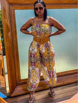

European station heavy industry pleated digital printed chiffon suspenders jumpsuit (no belt) Fashion ladies streetwear dress