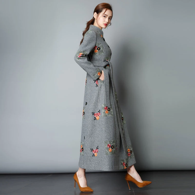 Mujer Femmes Survêtement Taille Rétro N308 Grey Laine Haute elegant Grande Black Mince 2018 De Hiver Nouvelles Qualité Long Mode Abrigo Manteau Broderie Automne pXUqpd