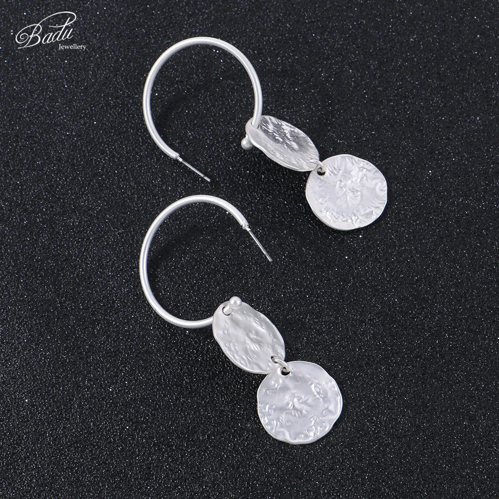 Badu Silver Hoop Earring Women Vintage Hammered Metallic Earrings Punk Style Fashion Jewelry Champagne Color Wholesale