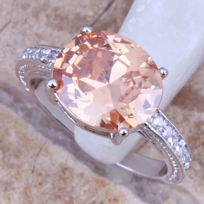 

Prominent Brown Morganite White CZ Silver Plated Stamped Fashion Ring Size 6 / 7 / 8 / 9 R0101