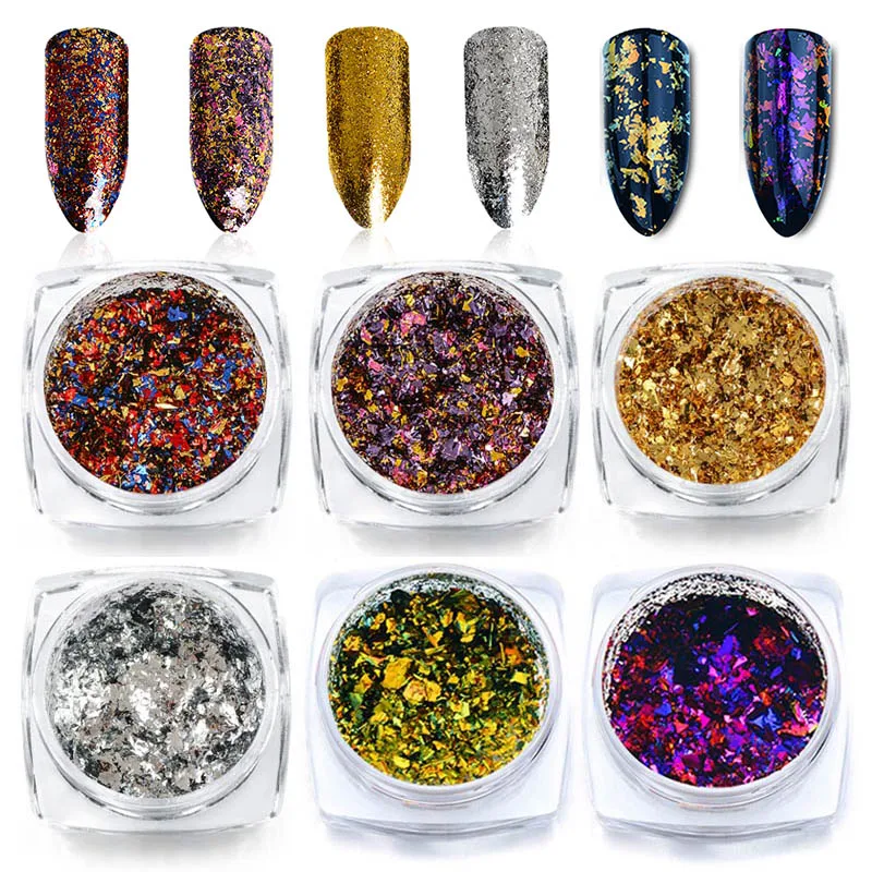 

Mtssii 6 Boxes/Set Nail Art Glitter Aluminum Flakes Mirror Effect Nail Powders Irregular Sequins Chrome Pigment Nail Decorations