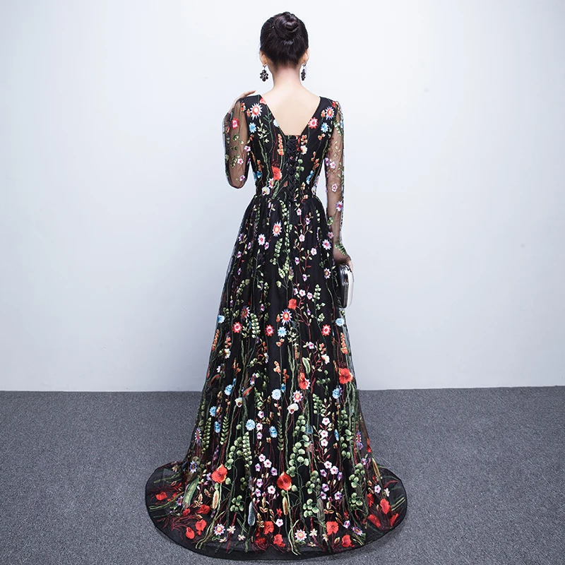 2018 New Design embroidery Evening Dresses long high quality Charming A-line Lace full Sleeves Prom Party Gown robe de soiree 2018 New Design embroidery Evening Dresses long high quality Charming A-line Lace full Sleeves Prom Party Gown robe de soiree