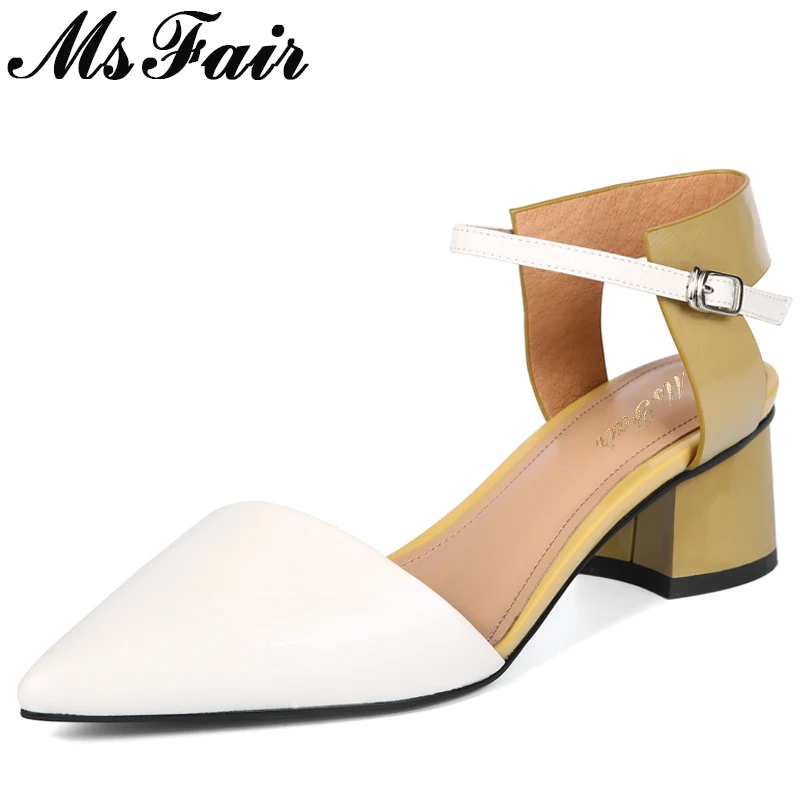 

MsFair Pointed Toe Square heel Women Sandals Fashion Buckle High Heels Genuine Leather Sandals 2018 Mixed Colors Women's Sandals