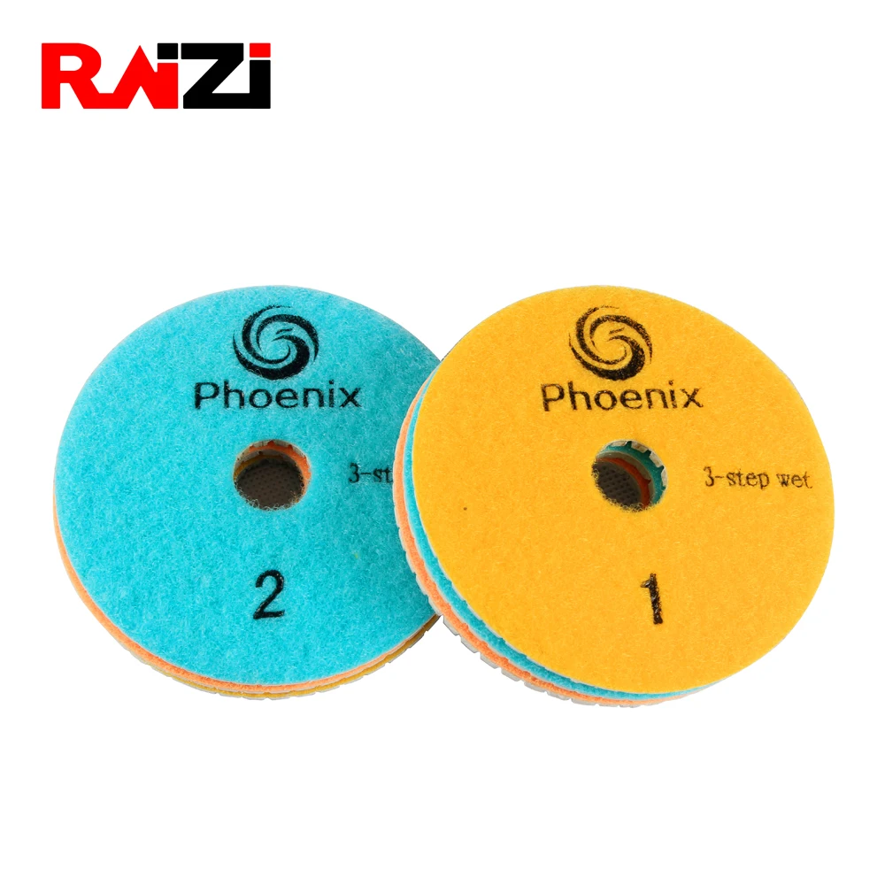 Raizi 4 inch wet 3 step polishing pads for Granite Marble Engineered Stone white resin Grit 1-3 Raizi 4 inch wet 3 step polishing pads for Granite Marble Engineered Stone white resin Grit 1-3