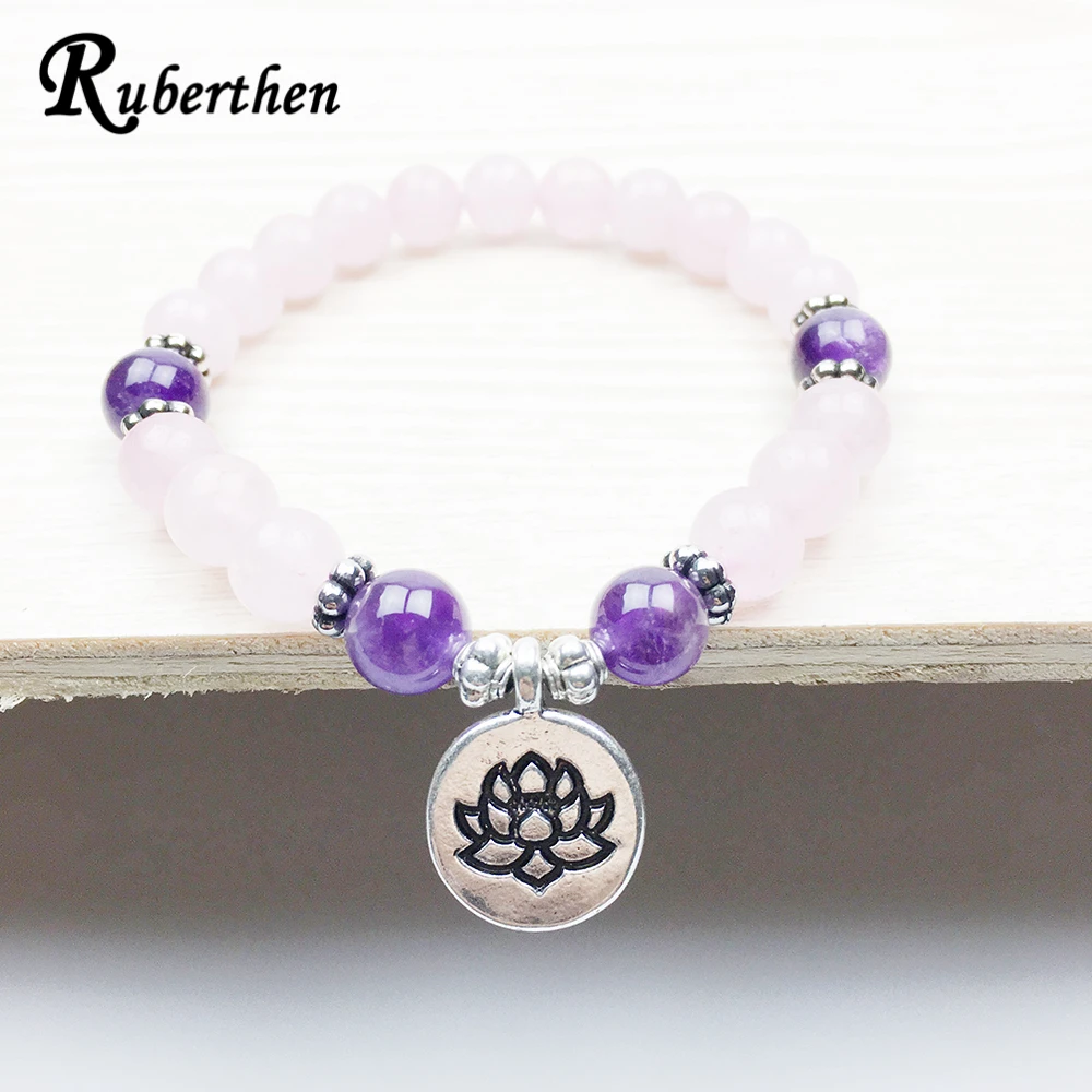 

Ruberthen Healing Love and Peace Bracelet Women`s Yogi Jewelry Fashion Lotus Bracelet for Girl Natural Rose Pink Stone Bracelet