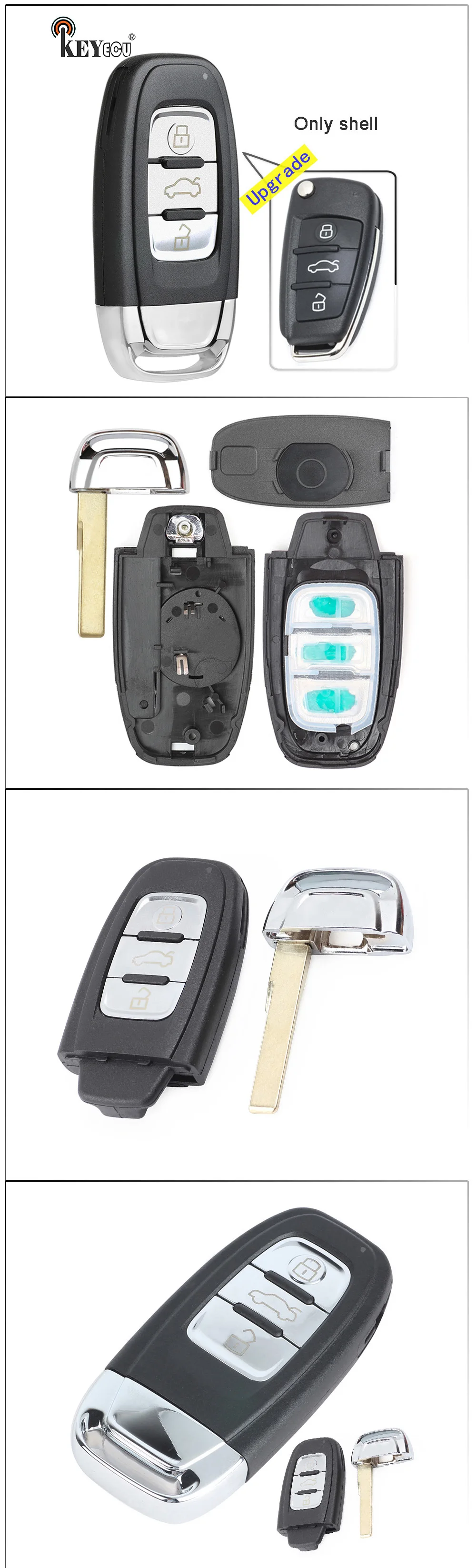 Keyforkess per Audi A6L Q7 modello pieghevole aggiornato 3 pulsanti Keyless Go Smart Remote Car Key Shell Case Cover Fob con lama -