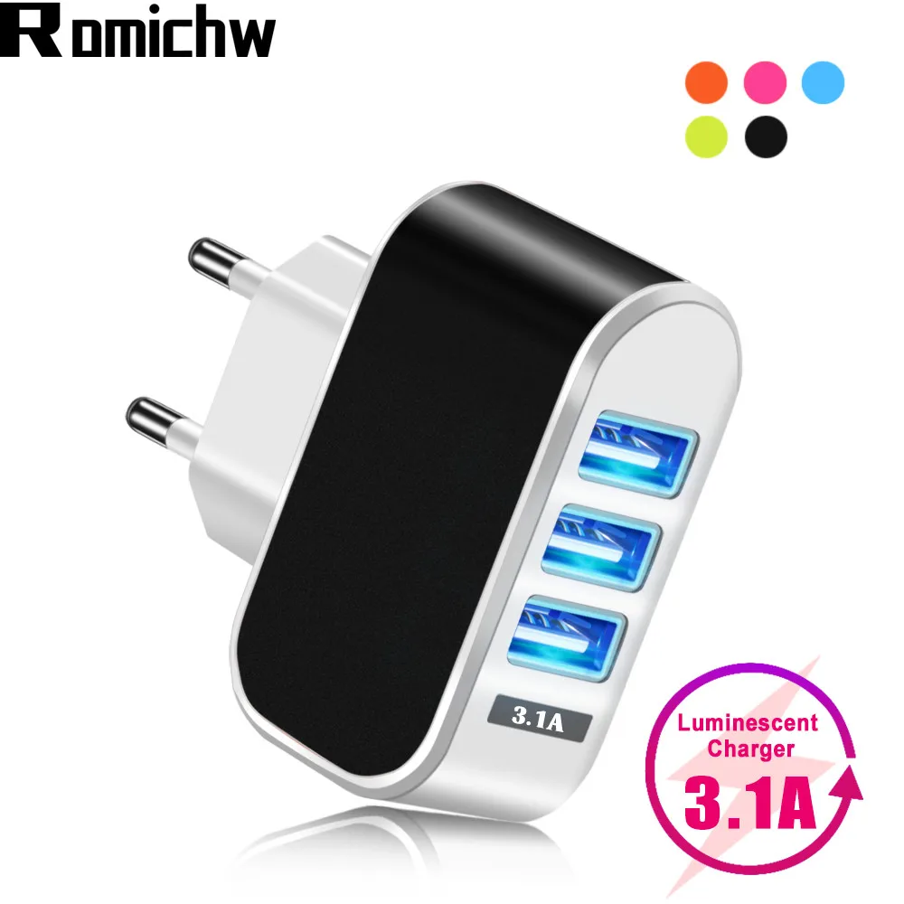 

ROMICHW Universal 5V 3.1A USB Fast Charging Charger For iPhone X XR Mobile Phone Charger 3 Ports EU Charger Travel Power Adapter