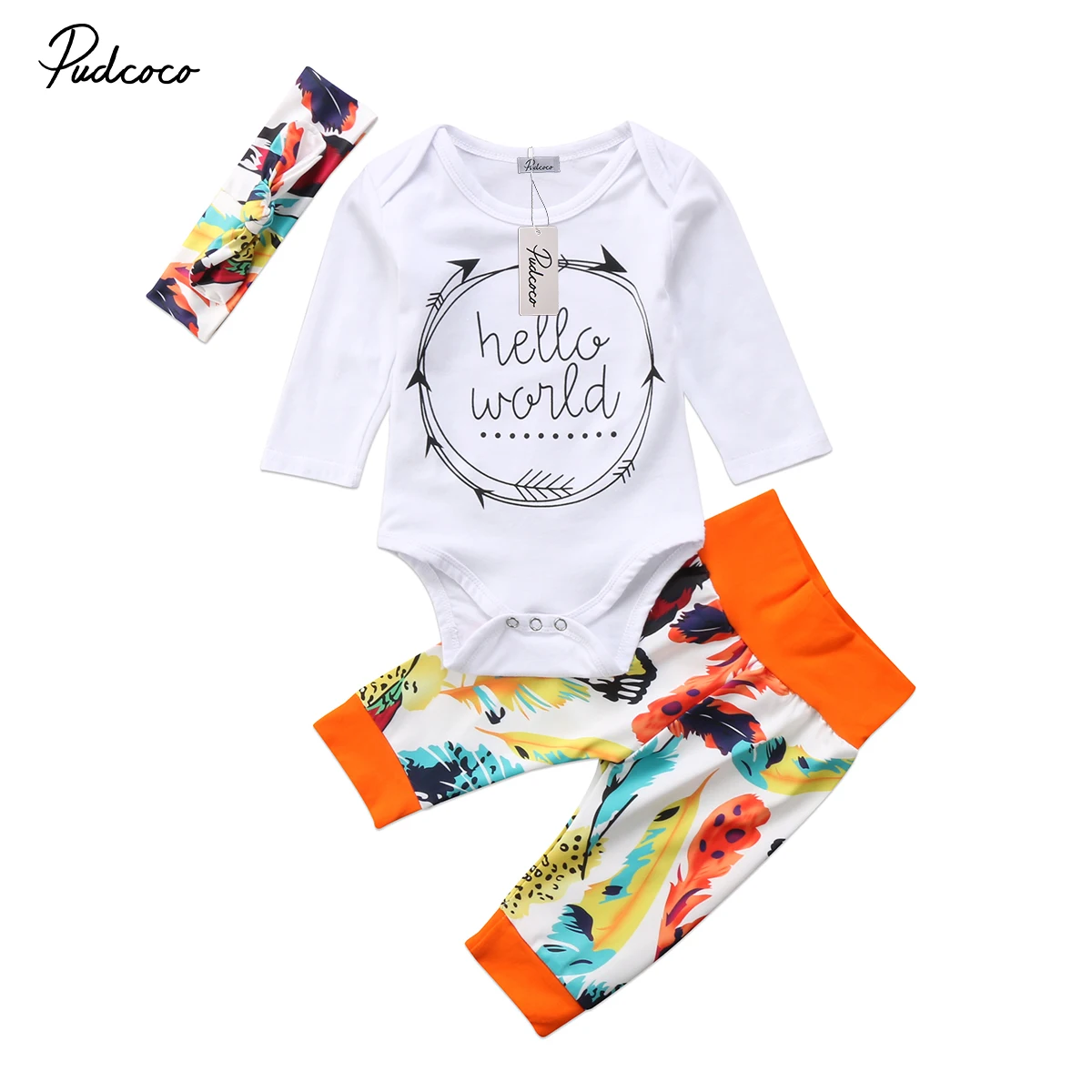 

3PCS Newborn Infant Baby Girls Hello world letters Outfit Clothes Jumpsuit Child Bodysuit and Pants Set baby girl clothes