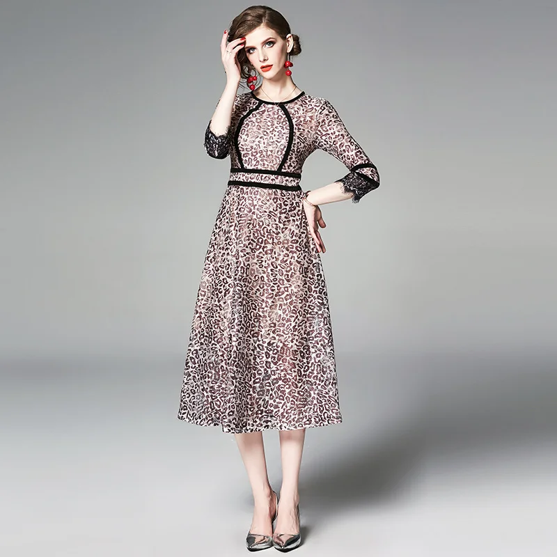 Willstage леопардовое кружевное платье трапециевидной формы, высокое качество, винтажные элегантные платья, сплайсинговые женские платья, лето-осень, vestidos