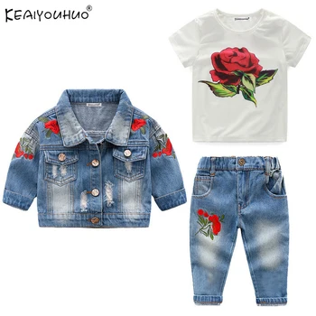 

Girls Clothes Sets Summer Costume For Kids Clothes Coat+T-shirt+Jeans 3Pcs Outfits Suits Tracksuit For Girls Children Clothing
