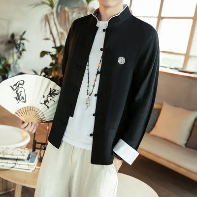Традиционная китайская одежда для мужчин, льняная футболка в восточном стиле с вышивкой и пряжкой, куртка с воротником-стойкой, мужская одежда кунг-фу, M-5XL - Цвет: black