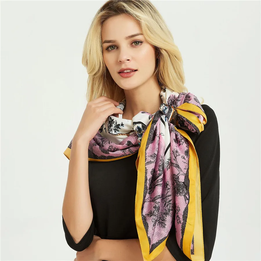 Summer Silk Twill Pashmina New Animal Forest Square Echarpe 130cm Oversize Chic Shawl Elegant Scarves Female Kerchief Print Wrap |
