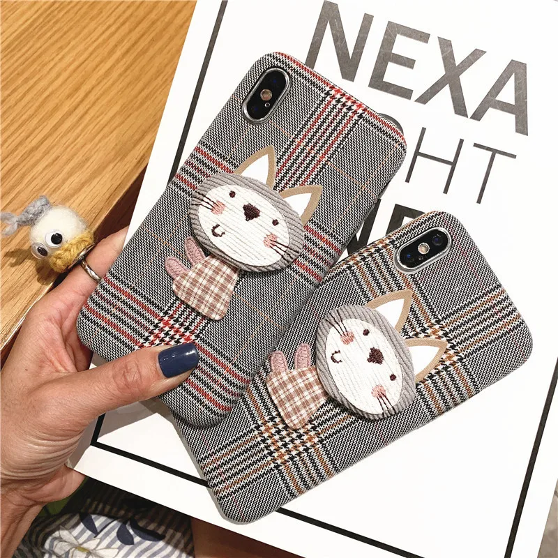 

Kawaii Retro Fresh Cloth plaid cat cute phone case for iPhone cover X XR XS Max case for coque iphone 7 case cat 6s 8 plus shell