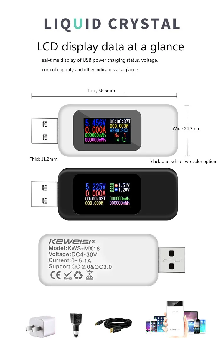 KWS-MX18, USB ток, напряжение, емкость и мощность испытательный инструмент мобильное зарядное устройство контроль безопасности питания