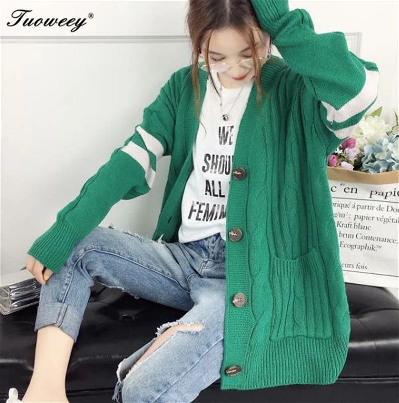 

Spring And Autumn Long Knitting Cardigan Female Spell Color Stripe V Neck Slim button Coat Plus Size Sweater For Women