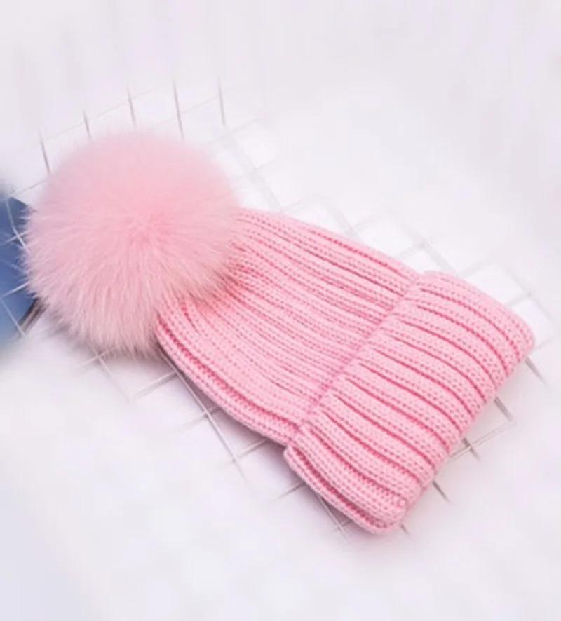 Real Fur Hat Knitted Real fox hair bulb Pom Pom Hat Women Winter Hat Unisex Kids Warm with wool Chunky Thick Stretchy Knit hat