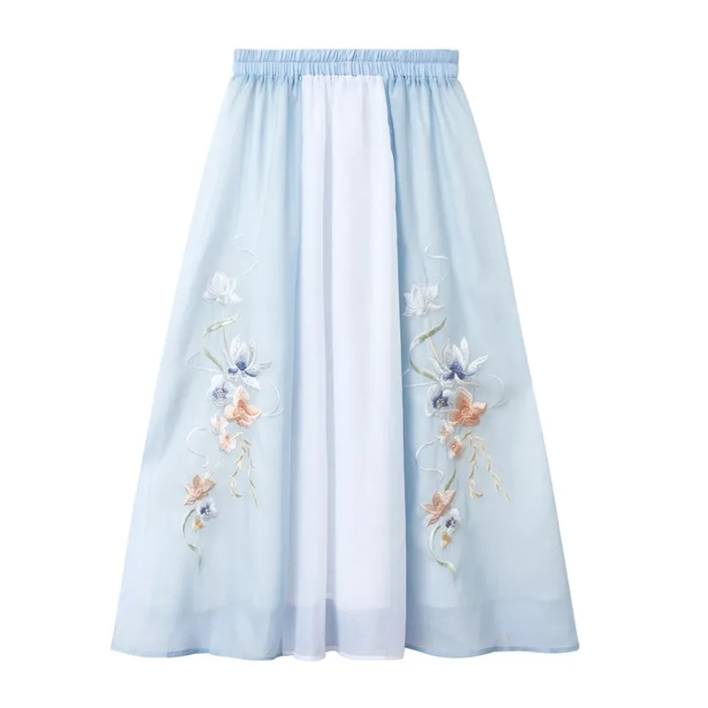 

Women Summer Chiffon Long Skirt Pleated Retro Embroidery Elastic Waist a-Line Beach Skirt Blue Pink