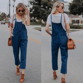 

Casual Women Jumpsuit Denim Long Pant Overalls Strap One Piece Ankle Length Trousers Long Pants