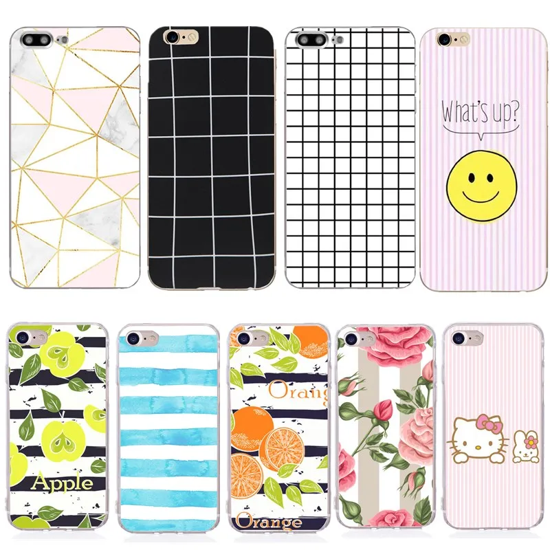 

Cute Girly Pattern Case For iphone 5 5s SE 6 6s Smile Face Kitty Flower Orange Soft Silicone For iphone 7 8 X plus Coque