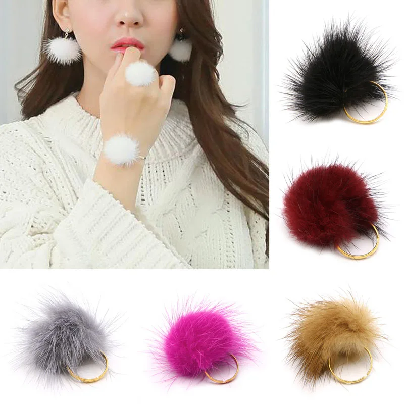 

Trendy Jewelry Accessories Resizable Fluffy Pompom Ball Ring For Women Girl Gift