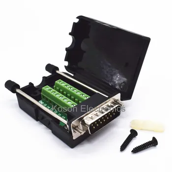 

DB15 Connectors D-SUB Male 2 Row 15 Pin Plug Breakout Terminals Board Connector Screw Type Black Plastic Cover