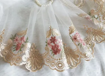 

Gorgeous Gold Tulle Lace Trim Pale Pink Roses Embroidered Lace 7 Inches 2 Yards