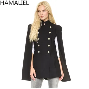 

HAMALIEL European Style Women Cape Wool Coat Newest 2018 Winter Black Cloaak Double-Breasted Stand Collar Ladies Trench Outwear