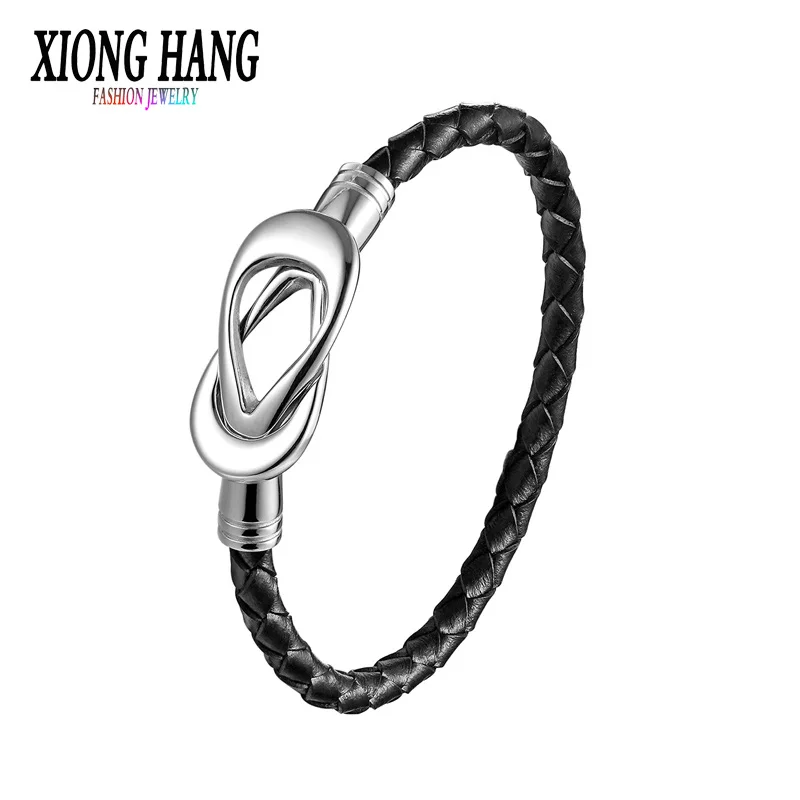 

XiongHang Hot Selling Black Punk 8 Stainless Steel Genuine Leather Braided Men Bracelets Loves' Gift Bangles Pulseras Hombre