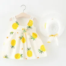 Модная одежда; платье для маленьких девочек; Повседневная шляпа с бантом и принтом фруктов; 2 предмета; платье принцессы; летняя одежда для маленьких девочек