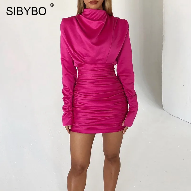 Женское платье с высоким воротом Sibybo Осеннее облегающее мини длинным