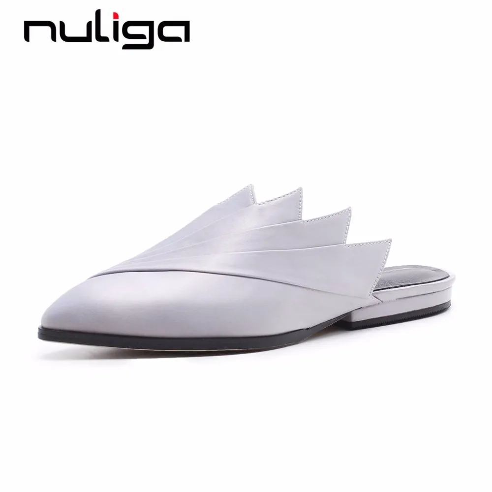 

Nuliga irregular novelty design mules pointed toe slip on low heels full grain leather graceful lady slingback woman pumps L02