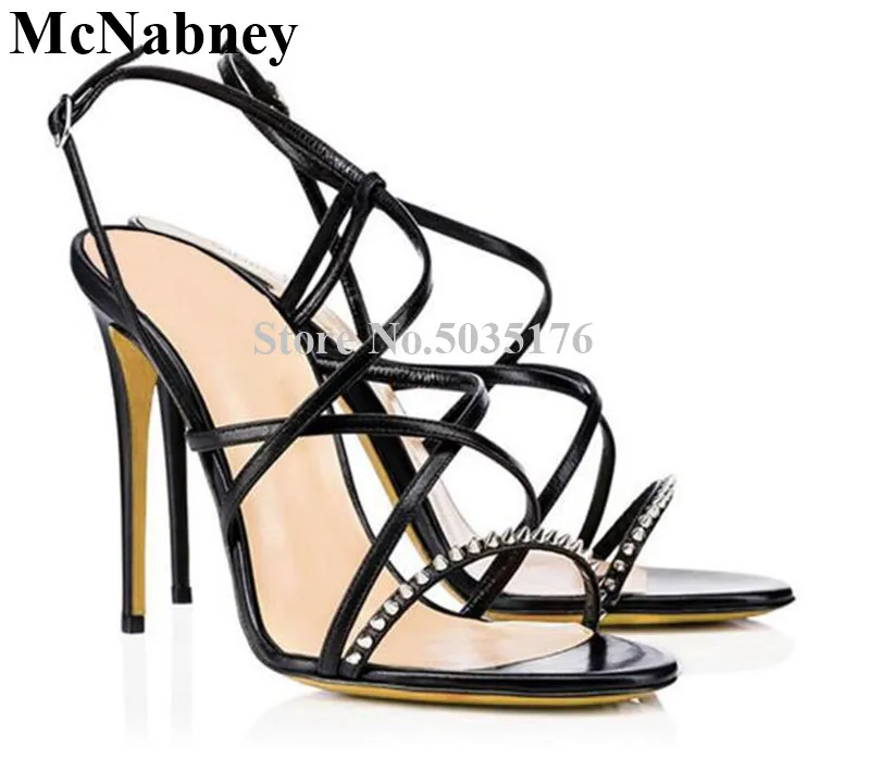 

2019 European Newest Fashion Solid Rivet Peep Toe Ankle Buckle Strap Women Sandals Cross-tied Stiletto Heel Dress Women Shoes