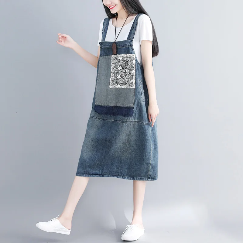 

Women Summer Denim Dress female Spaghetti Strap applique Jeans Dress femme Vintage Lace floral Patchwork Midi Sundresses