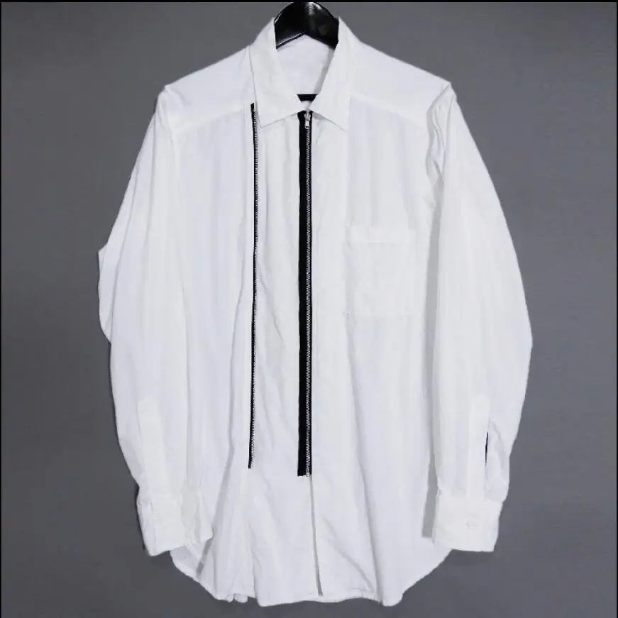 

Original Men's shirt zipper stitching loose 100% cotton high street Square collar long sleeve casual shirts Hair stylist clothes