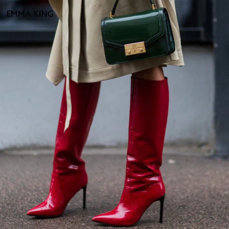 

Red Pointy Toe Patent PU Fashion Boots Stilettos Knee High Booties Cocktail & Party PU Fashion Shoes Woman Plus Size Botas Mujer