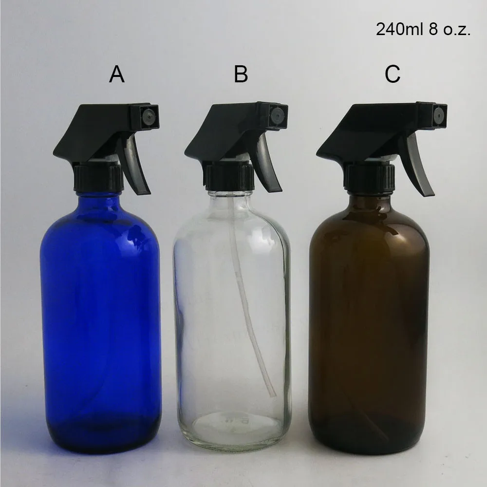 2 X 8 Oz Large Refillable 240ml Amber blue Clear Glass Spray Bottle Container trigger sprayer cap for essential oil cleaning 2 X 8 Oz Large Refillable 240ml Amber blue Clear Glass Spray Bottle Container trigger sprayer cap for essential oil cleaning