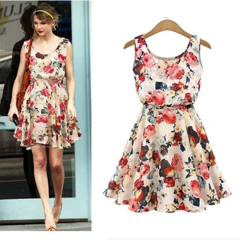 

Women Summer Dresses 2018 Boho Sleeveless O-Neck Florals Print High Waist Dress Pleated A-line Party Club Wear Formal Dress