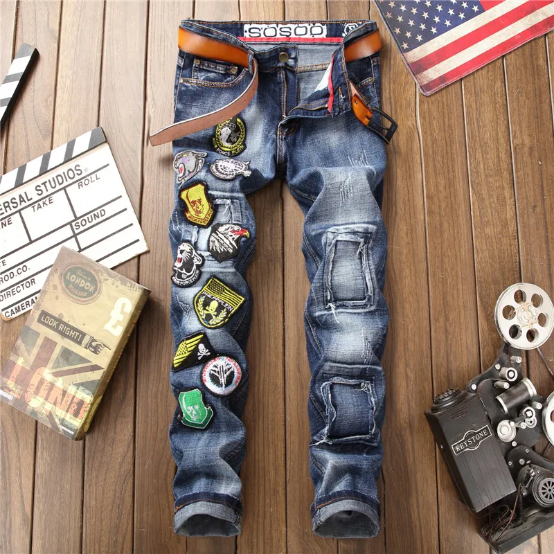 New Fashion Men's Ripped Patches Jeans Slim Fit Eagle Embroidered