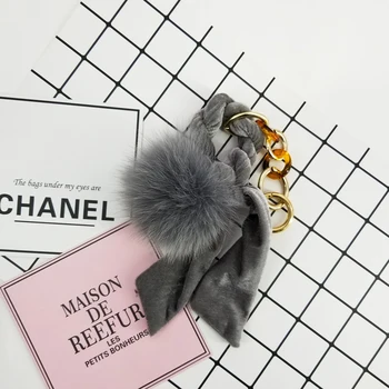 

50Pcs/Lot Ribbon Pompom Keychains Fox Hair Fluffy Balls Keyring Jewelry Pendant for Bags Decoration Charming Gifts Boutique Shop